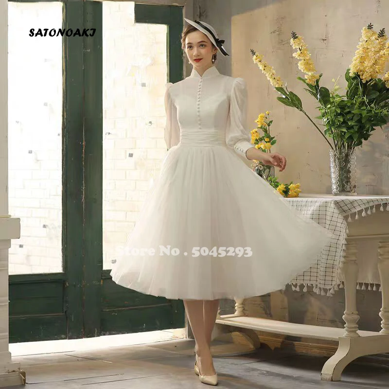 

Vintage High Collar Short Wedding Dress Puff Sleeve Tea-Length Princesa Beach Bride Gown Sukienki Vestidos Robe De Mariée France