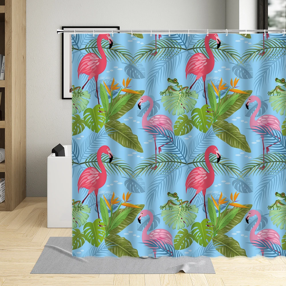 

Flamingo Frog Tropical Plants Leaf Printing Shower Curtain Waterproof Fabric Blue Bathroom Curtains Bathtub Decor With 12 Hooks