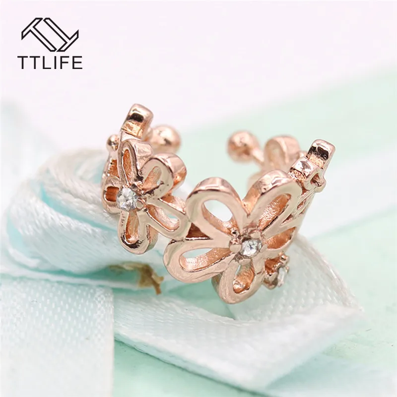 Простые серьги клипсы с цветком и манжетами из розового золота для женщин