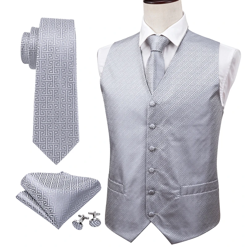 

Silver Silk Vests Men Formal Suit Waistcoat for Tuxedo Pattern Ties Handkerchief Cufflinks Set Summer Vest Barry.Wang MJ-2007