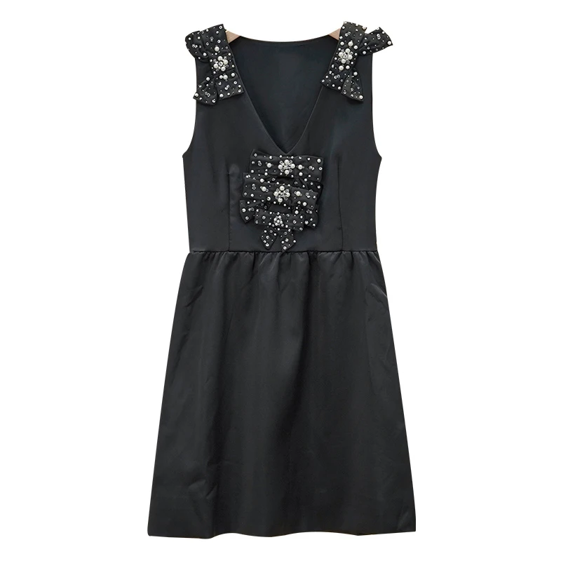 

VGH Black Patchwork Diamonds Dress For Women V Neck Short Sleeve High Waist Solid Mini Sexy Dresses Female 2021 Summer New Style