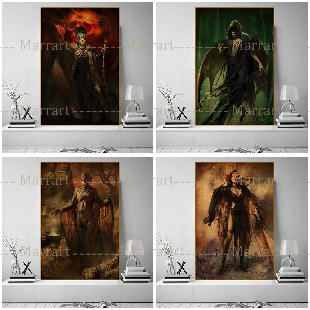 

Petals Witch And Dark Priest Art Painting Home Decoration Canvas Print Demonic Wizard Vintage Terror Poster And Prints Wall Art