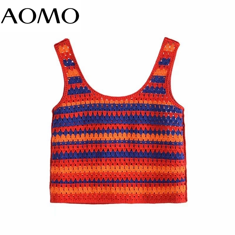 

AOMO Women Striped Crochet Top Cropped Tanks Top Sleeveless Backless Female Hollow Out Knit Tops 3H770A