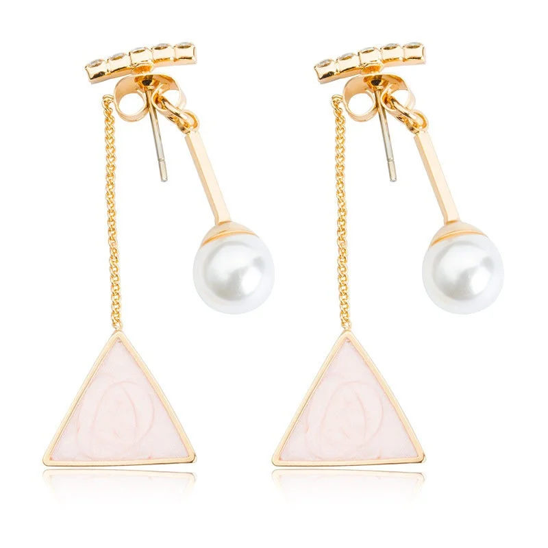 

Korean Fashion Ladies Long Earrings Inlaid Pearl Triangle Earrings Painting Oil Geometric Shape Hanging Earrings Gift