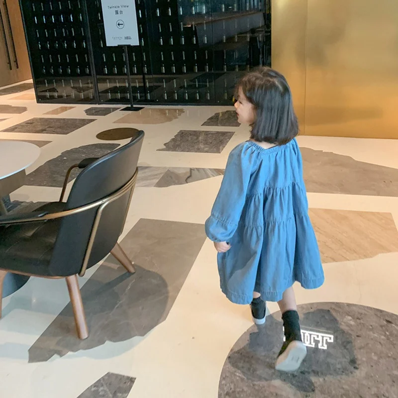 

Casual Baby Girls Long Sleeve Dress Toddler Kids Baby Girls Small Pleated Light Buttoned Denim Dress Children Clothe