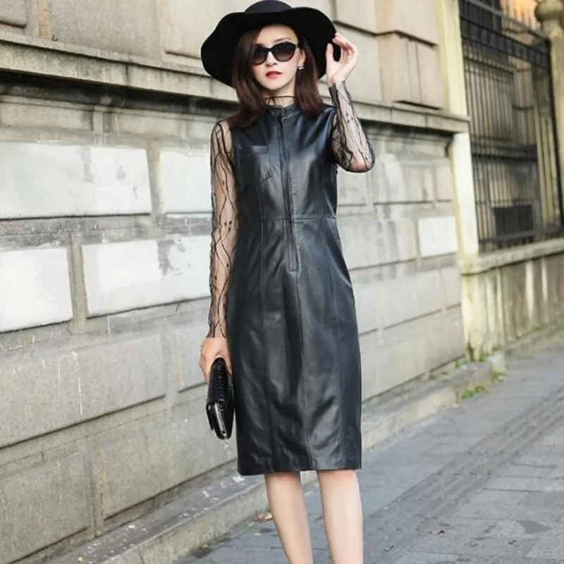 

Brand New Office Ladies Genuine Leather Dress Woman Zip Sarafan Sleeveless Vestido The Festa Knee Length Slim Fit Bodycon