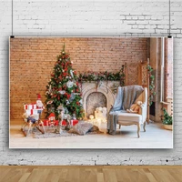 laeacco christmas tree backdrop brick wall fireplace banner sofa candle bear toy child photocall poster photographic background