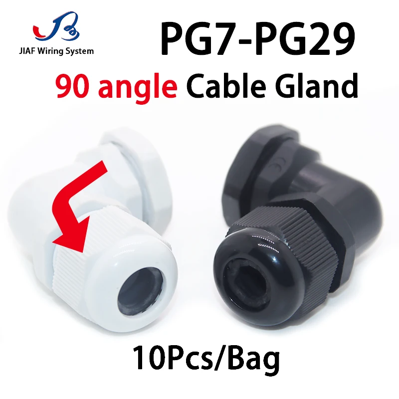

JIAF 90 angel Cable Gland 10pcs PG7-PG29 Nylon Waterproof Joint IP68 Plastic Seal Jiont Waterproof Box Outlet Locking Connector