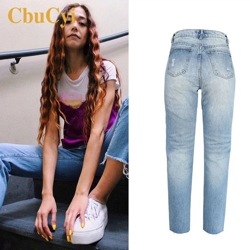 Женские джинсовые брюки с высокой талией синие мягкие хлопковые женские рваные