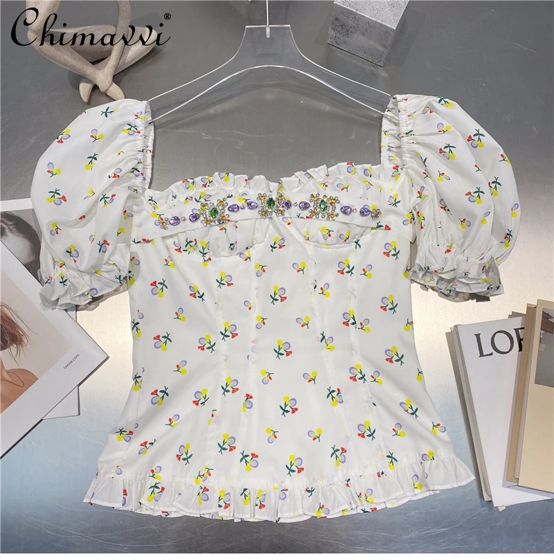 

Fashion Floral Blouse Woman 2021 Summer New Crystals Beaded Square Neck Puff Sleeve Short Sleeve Shirt Blusas Top