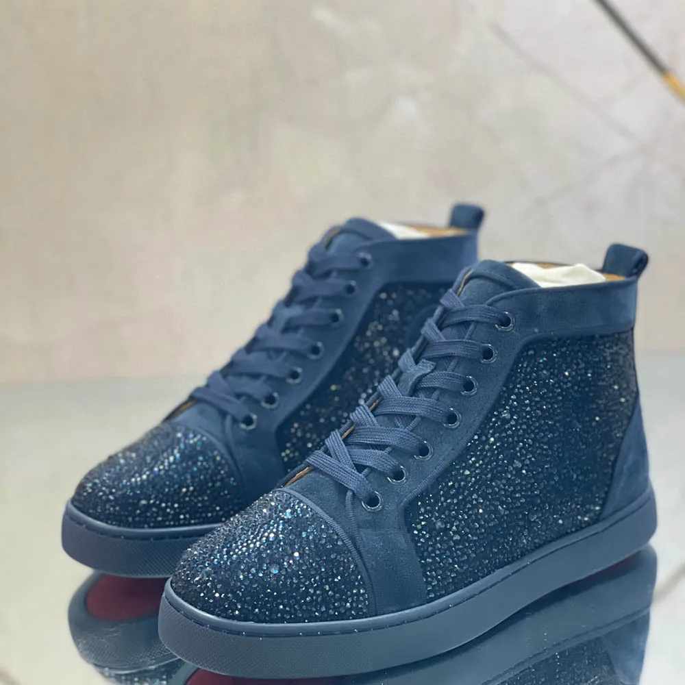 

Туфли высокие мужские и женские замшевые, повседневные туфли на шнуровке, с красной подошвой, без заклепок, лоферы, темно-синие