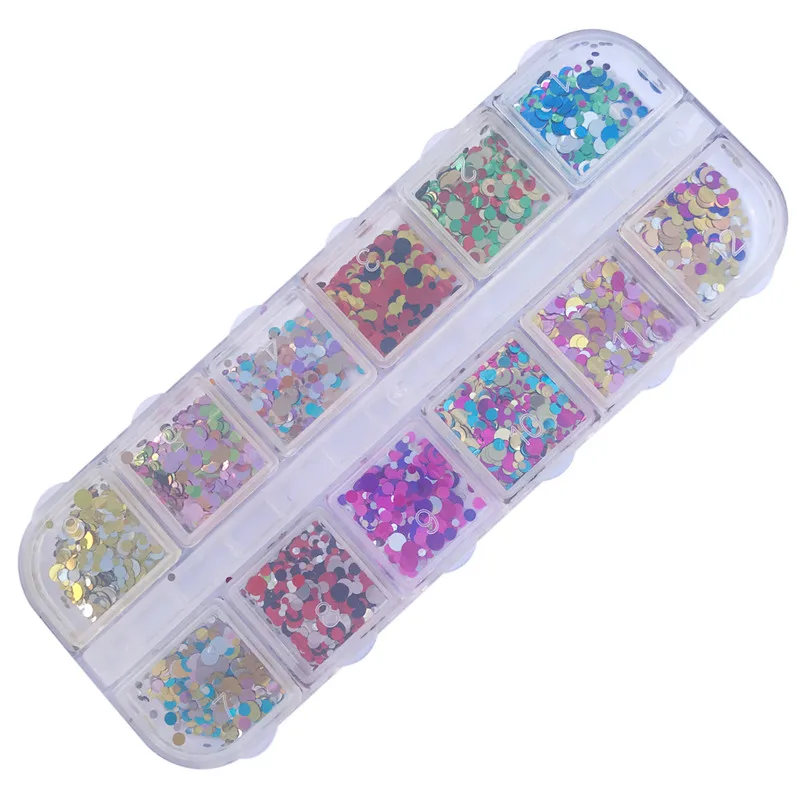 

12 Grids/Set Mixed Color Round Nail Glitter Flakes 1/2/3mm 3D Sequins Paillette Powder Charm Nail Art Decoration Manicure