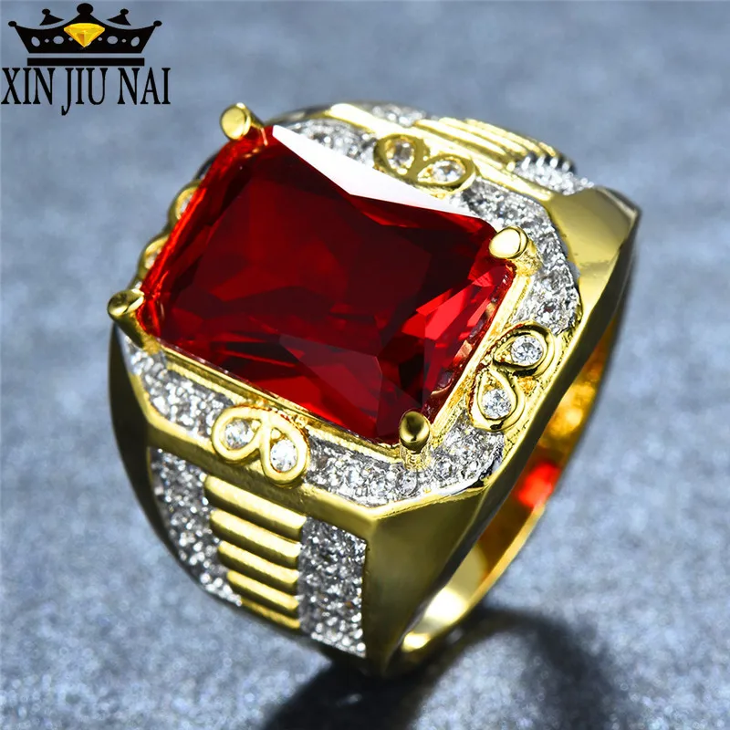 Yellow Gold Filled Women Stunning Fashion Crescent Moon Red Garnet Crystal Ring