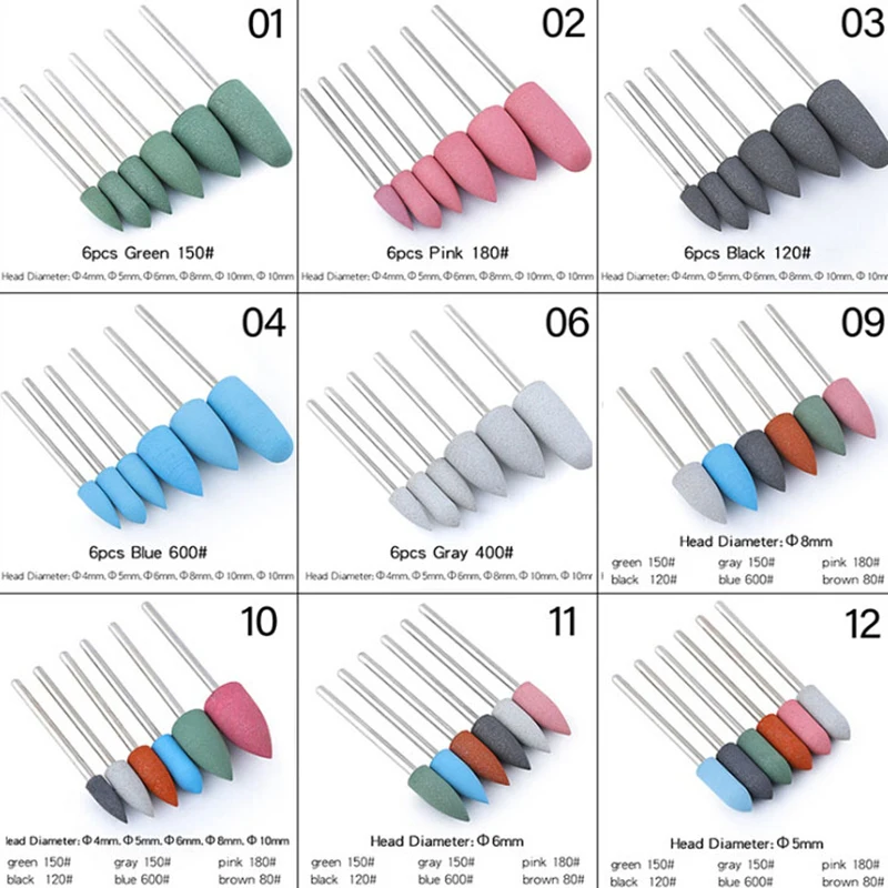 6 шт./компл. резиновые силиконовые фрезы для ногтей маникюра гибкая полировальная