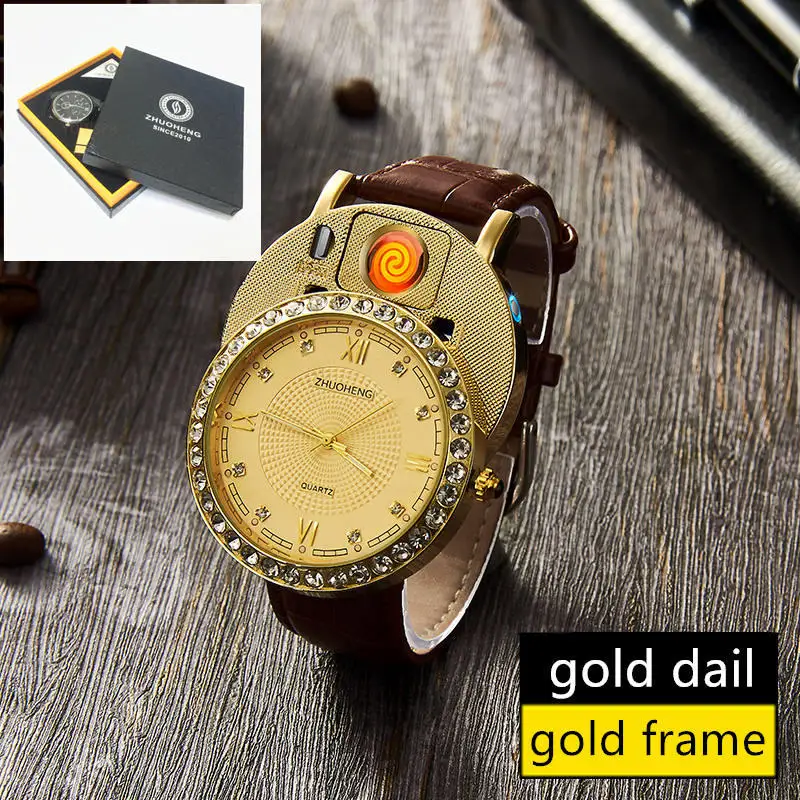 gold gold with box Мужские часы-прикуриватель, кварцевые часы с зарядкой от USB, роскошные часы с бриллиантовым циферблатом, повседневные наручные часы, мужские часы, JH391-1, 1 шт - Цвет: gold gold with box