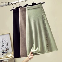 tigena autumn winter women midi long skirt 2021 new casual solid warm a line high waist knitted skirt female with button ladies