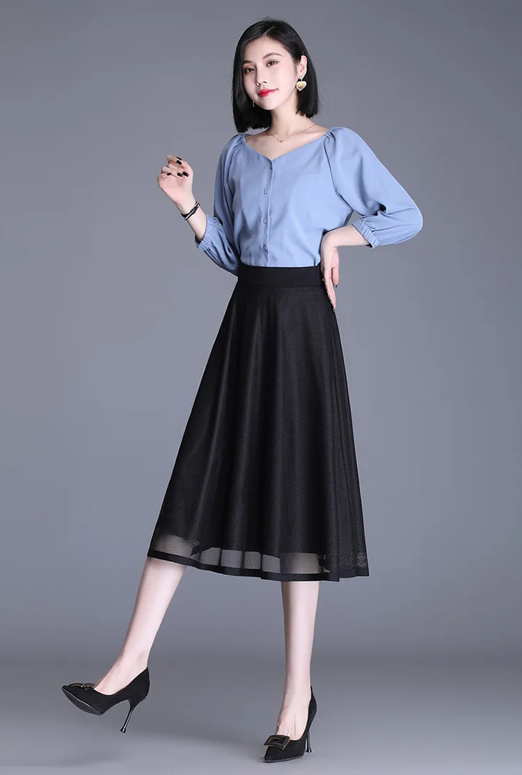 

Women Fashion High Waist A-line Big Swing Black Mesh Skirt Office Elegant Plus Size Casual Mid-long Skirts Spring Summer 3058