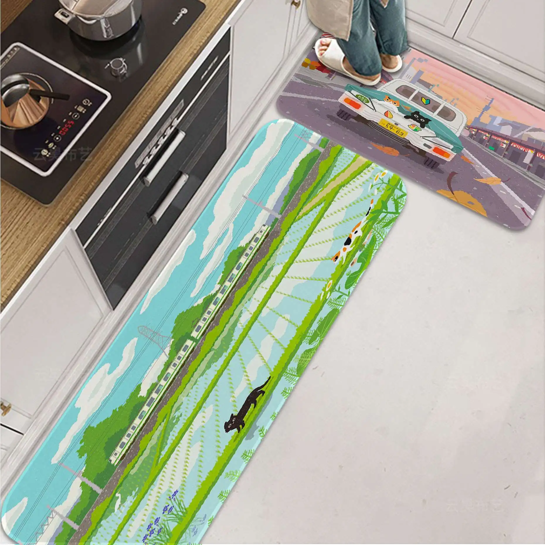 

Green Plant Cat Printed Flannel Floor Mat Bathroom Decor Carpet Non-Slip For Living Room Kitchen Welcome Doormat