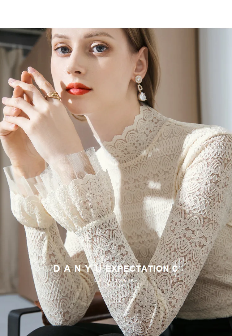 

Women Elegant T Shirt Lace Tops Long Sleeve Sheer Slim Ladies Turtleneck T-Shirt New Arrival Women Tshirt B243