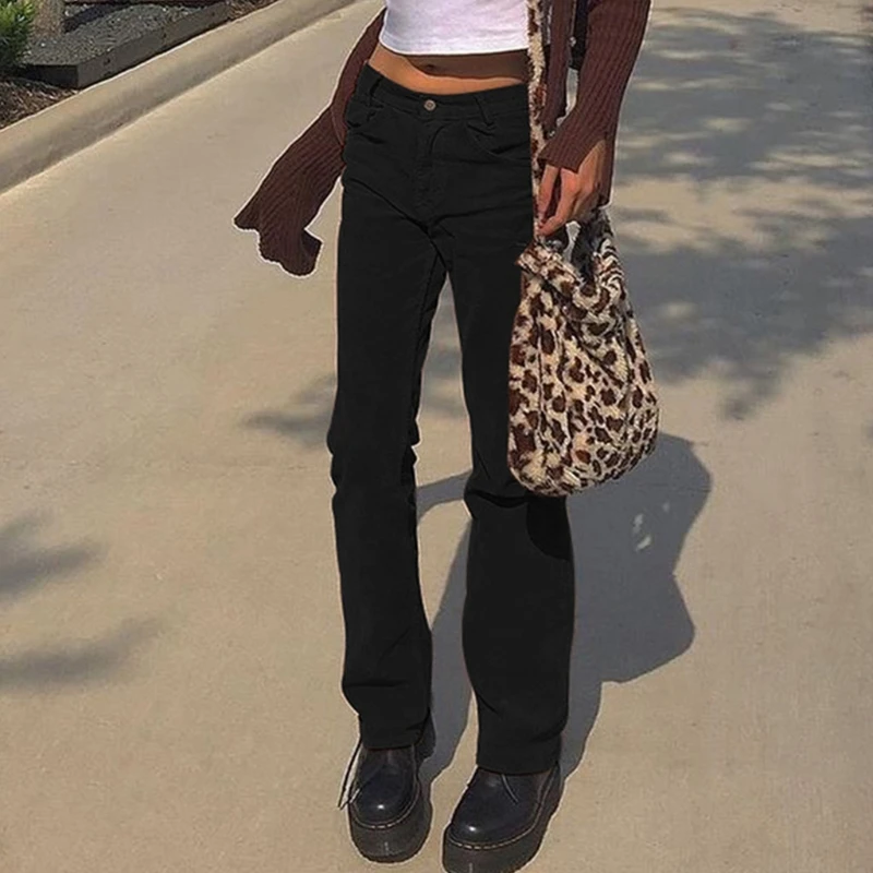 

Women Autumn Low Waist Velvet Long Pants Simple Solid Color Ribbed Striped Straight Leg Trousers Zipper Button Loose Harajuku St