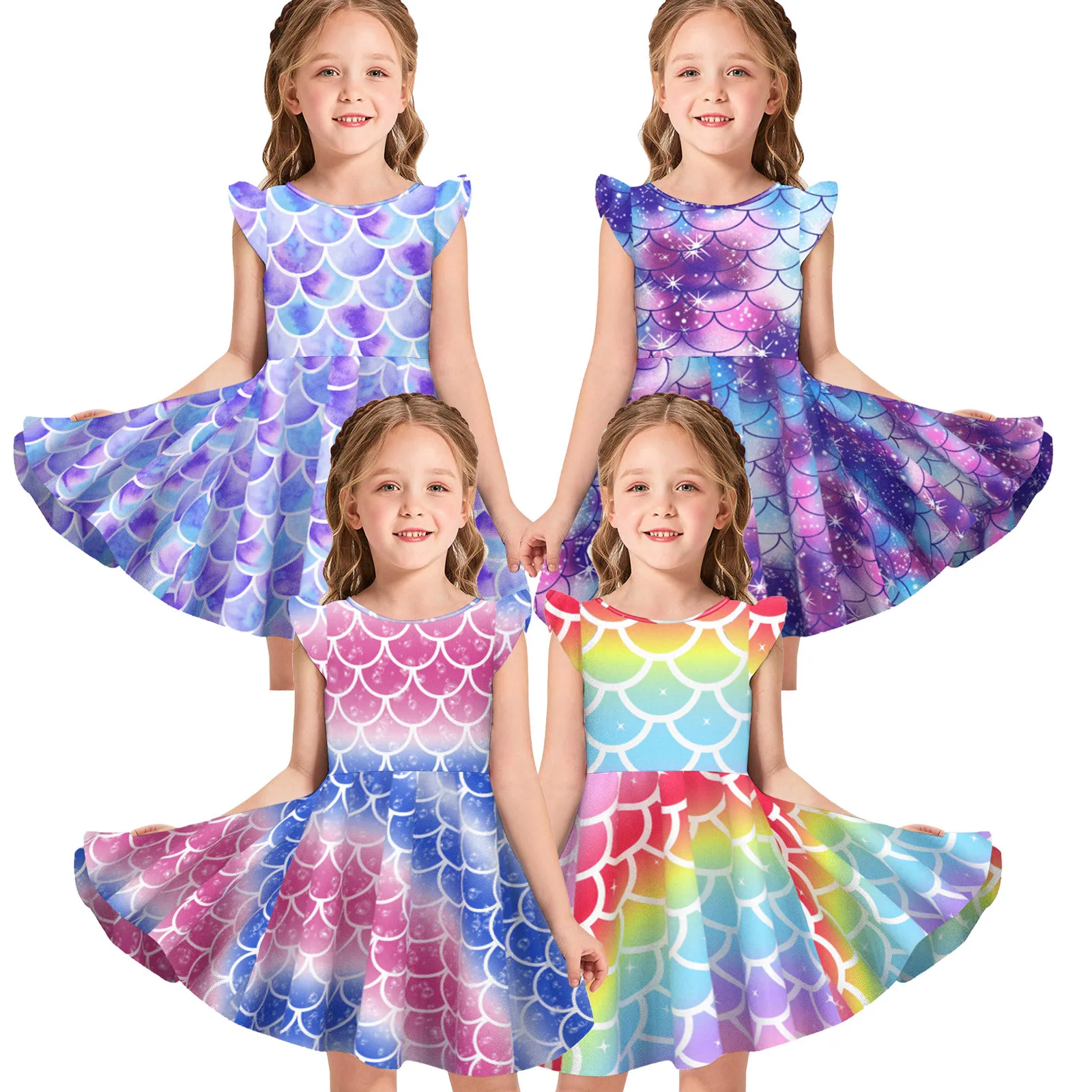 

Girls Dress Ruched Mermaid Print Princess Dresses Toddler Baby Kids Fly Sleeve Summer Party Dresses Vestidos Baby Girl Clothes