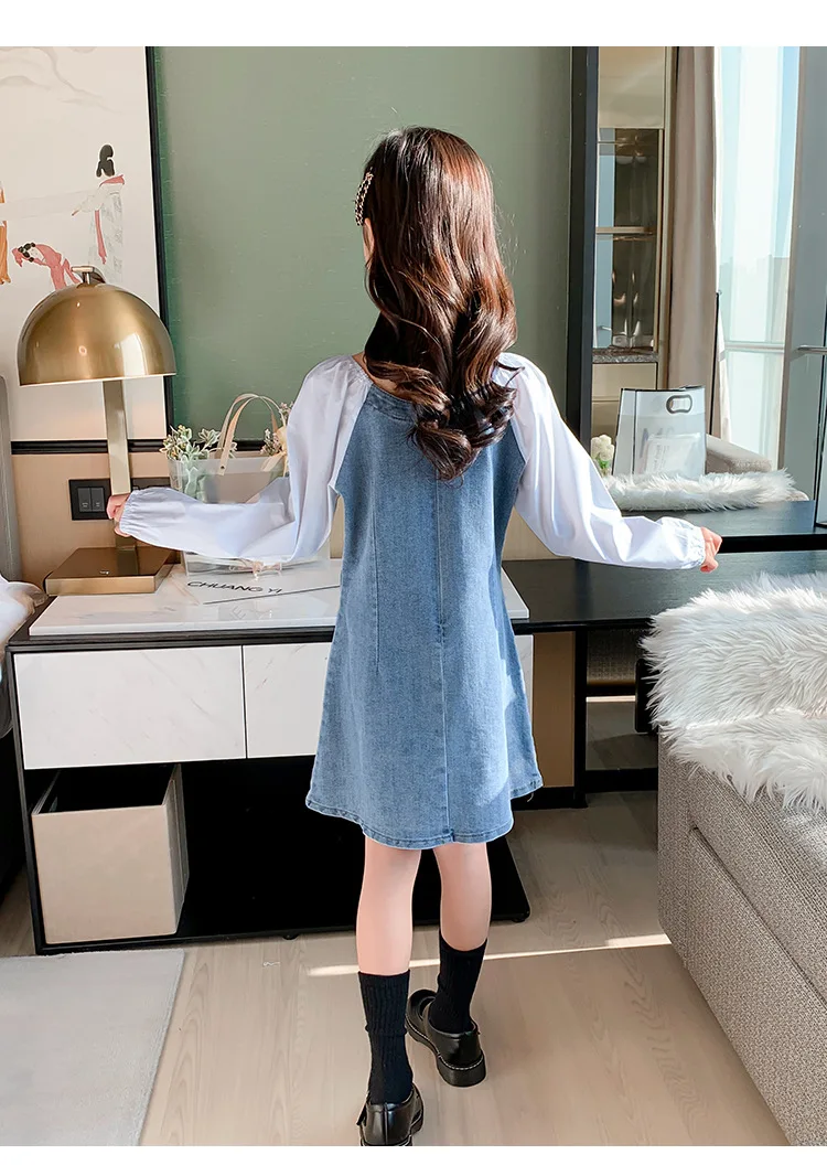 

Kids Dress for Girls Fashion Denim Spliced Preppy Style Dress Children Clothes Spring Autumn Lovely Bow Girls Clothing
