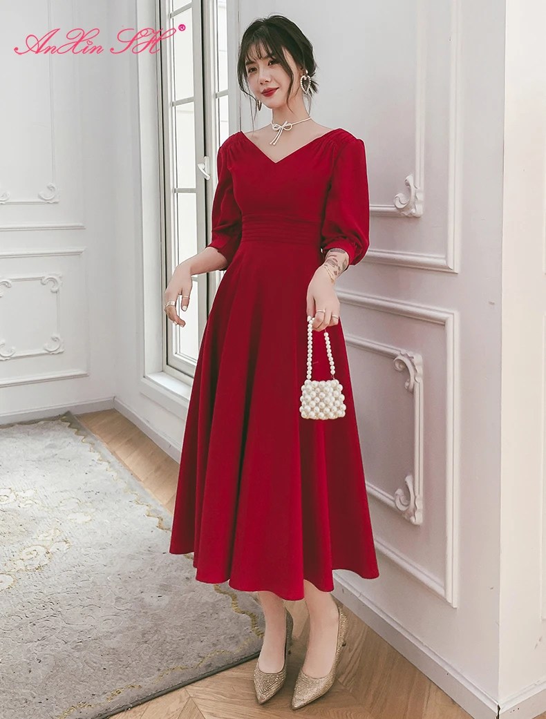 

AnXin SH Princess v neck half sleeve summer party evening dress vintage wine red girl host stage zipper evening dress