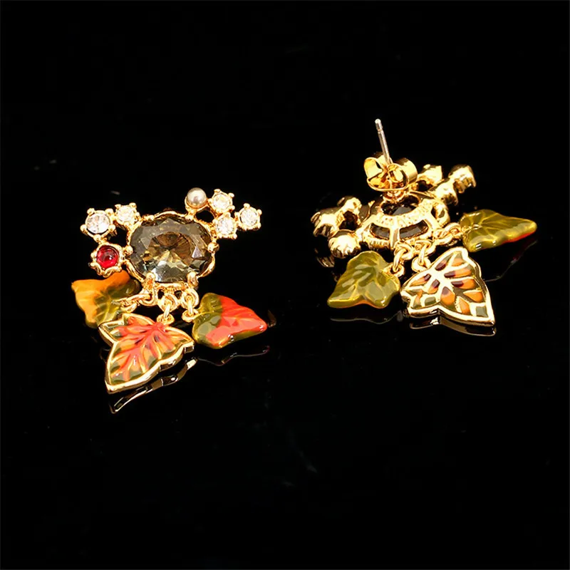 

European and American Style Hand-painted Enamel Glaze Earrings Gray Gradient Color Maple Leaf Multi-drop Earrings Stud Earrings