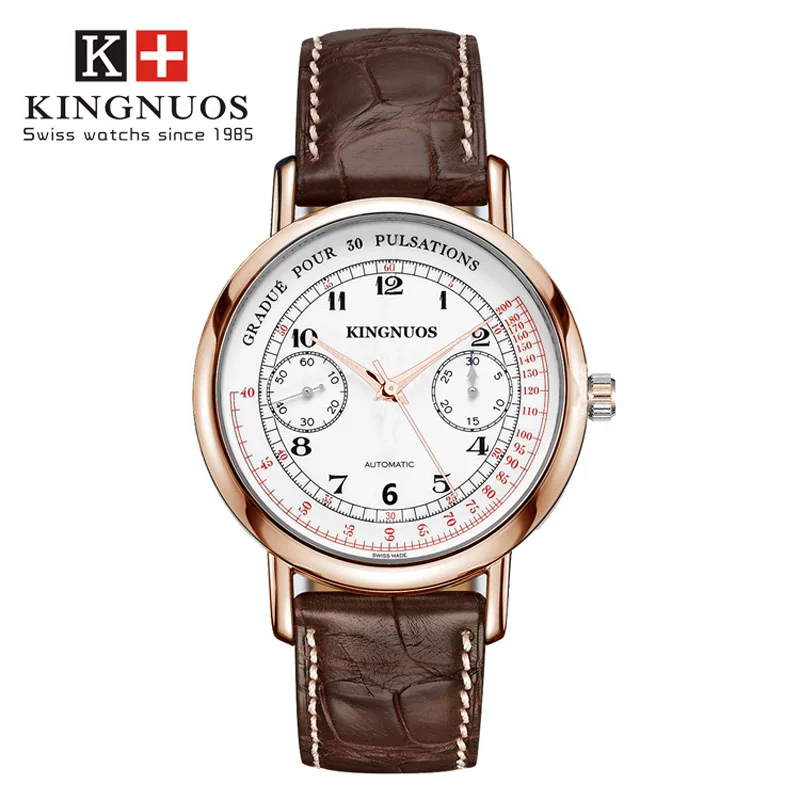 Brown-Rose-White Kingnuos модные повседневные брендовые Роскошные Кварцевые часы кожаные деловые Reloj водонепроницаемые мужские наручные часы юбилейные подарки для мужчин - Цвет: Brown-Rose-White