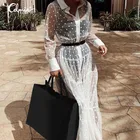 Celmia Женская обувь в богемном стиле, в горошек Макси платье Летнее Открытое платье с цветочным рисунком 2021 Повседневная Блузка Прозрачная с длинным рукавом Vestidos вечерние S-5XL