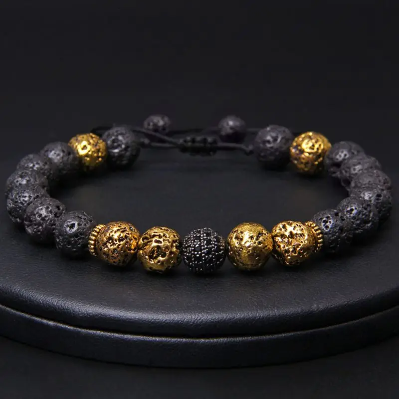 Модные Плетеные браслеты из лавового камня с бусинами для мужчин