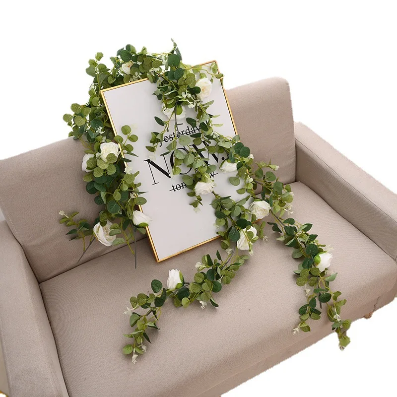 Hoja de eucalipto, vid Rosa Artificial, flor rosa, hojas de eucalipto, vid, camino de boda, plomo, decoraci&oacute;n de la habitaci&oacute;n, est&eacute;tica-4