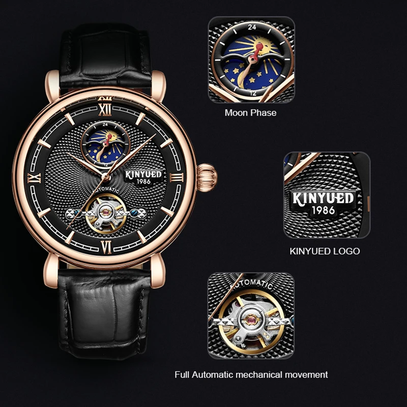 Модные простые мужские автоматические механические часы KINYUED черный ремешок