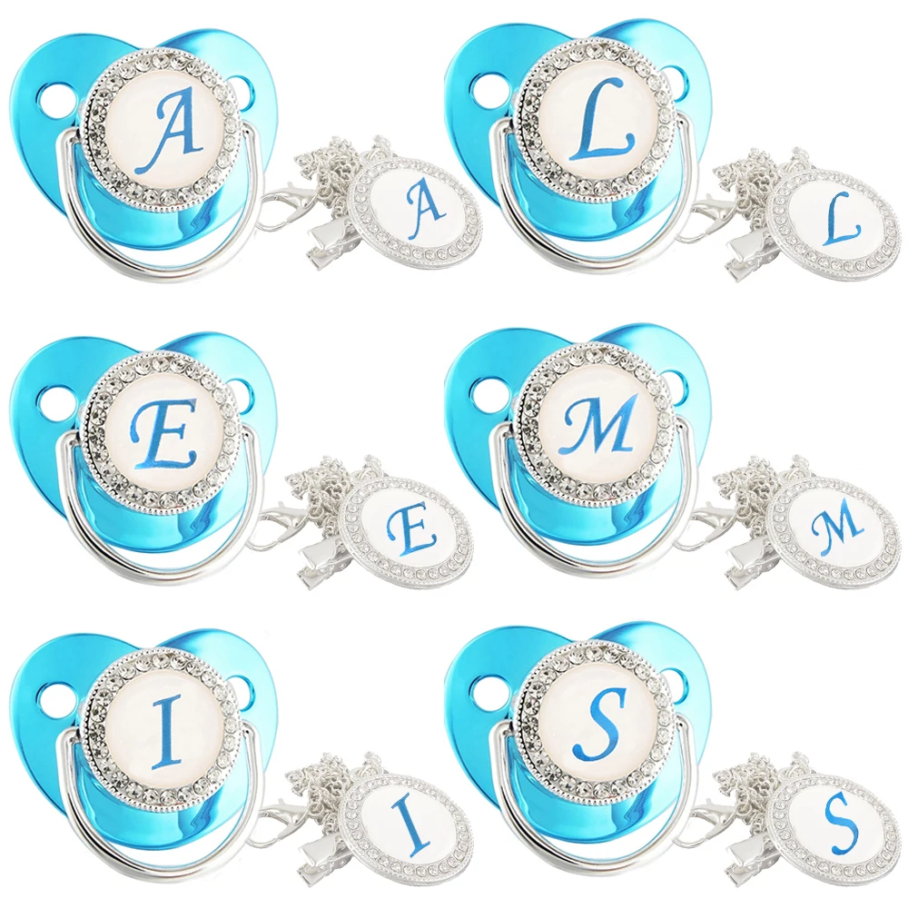 

Luxury Name 26 Initials Baby Pacifier With Chain Clip BPA Free Silicone Infant Dummy Nipples Bling Metallic Blue Baby Pacifier