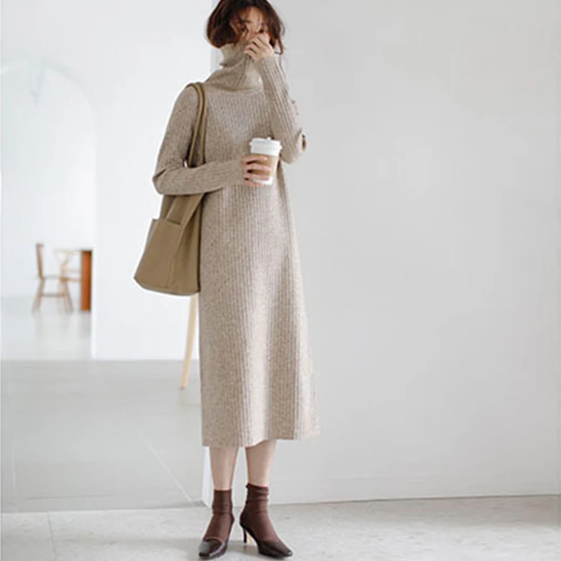 IClosam осенне зимнее женское трикотажное платье свитер с высоким воротом платья