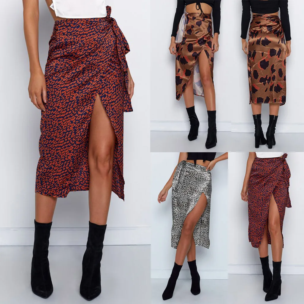 Women summer Side Split skirt Female High Waist Bandage Leopard Print Wrap Satin Bow Sexy Midi Skirts#g3 | Женская одежда
