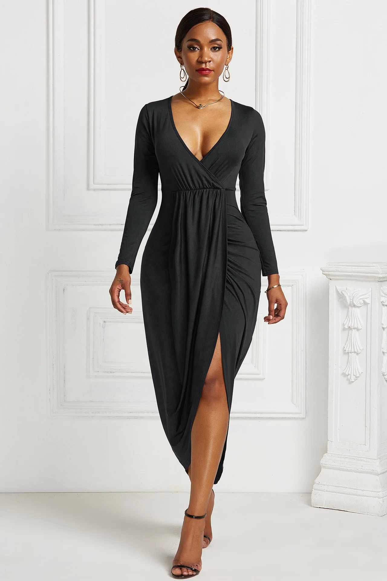 

Patchwork Fashion Women Sexy Deep V-neck Party Club Bodycon Red Long Sleeve Dresses 2020casual Irregular Mid-calf Dress Vestidos