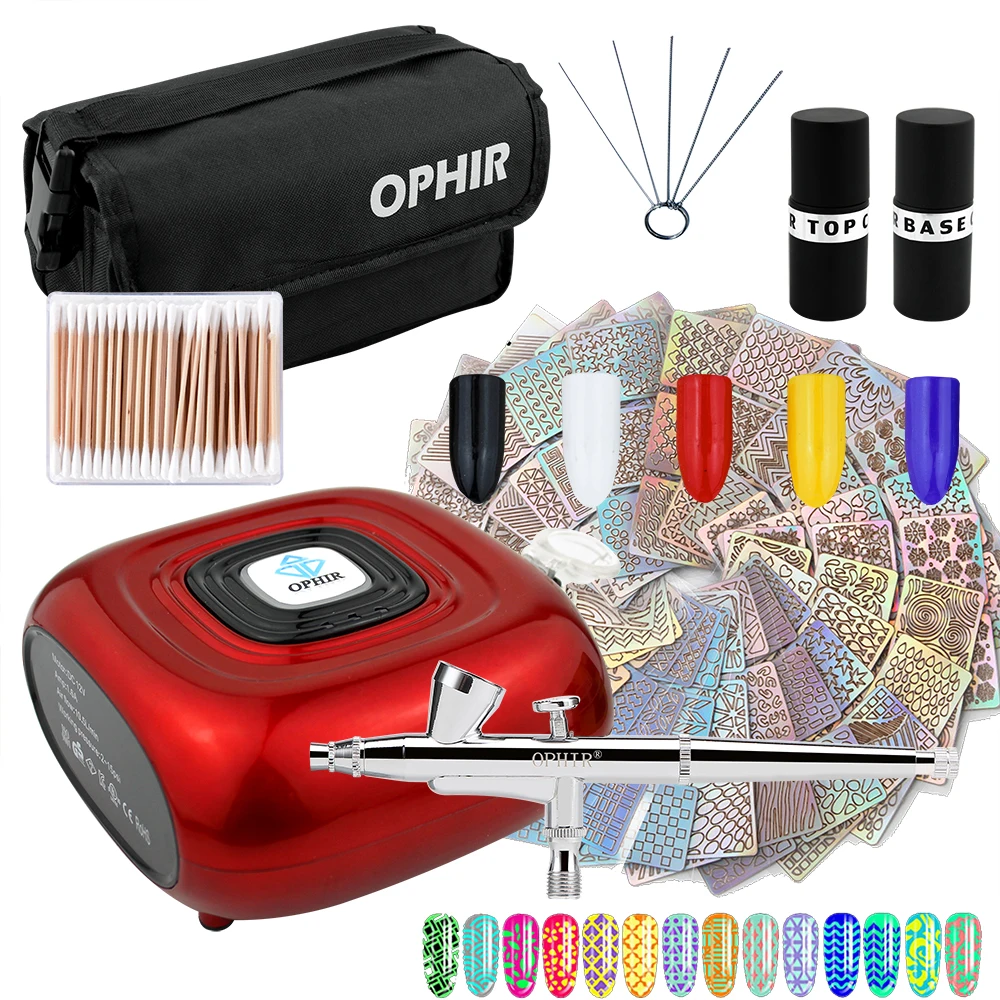 OPHIR Nail Airbrush Kit with Mini Air Compressor 3 Step Nail Gel with Airbrush Set Include Stencil 5 Colors UV Gel OP-NA005R