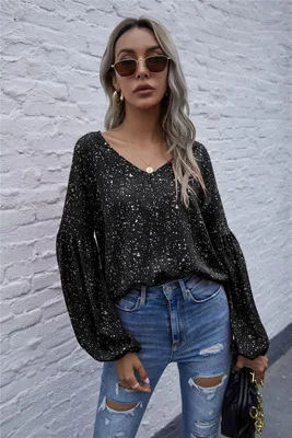 

New Spring And Autumn 2020 Women's V-Neck Lantern Long Sleeve Casual Loose Pullover Women Shirt