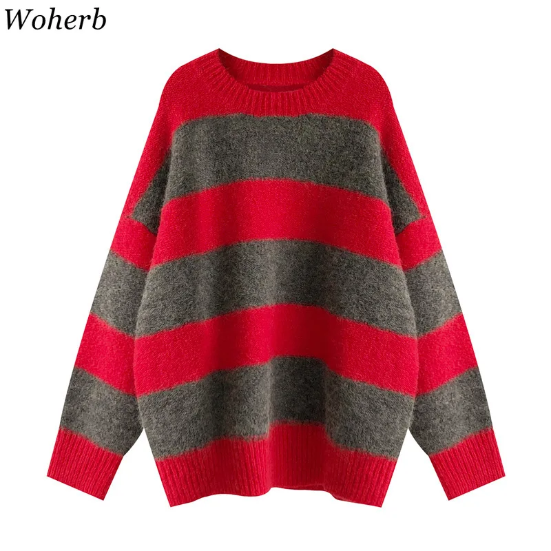 Woherb Women Oversized Thin Sweater Vintage Striped Loose Pullover Streetwear Autumn Knitted Jumper Femme 2021 Sueter Mujer | Женская