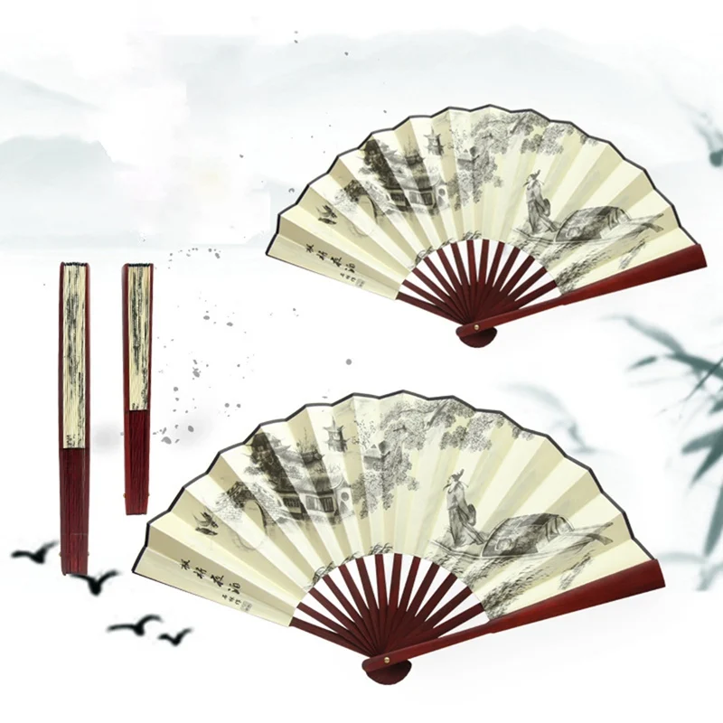 

8 Inches Landscape Silk Folding Fan Chinese Style Bamboo Wood Summer Portable Wedding Party Gift Fan Dropshipping