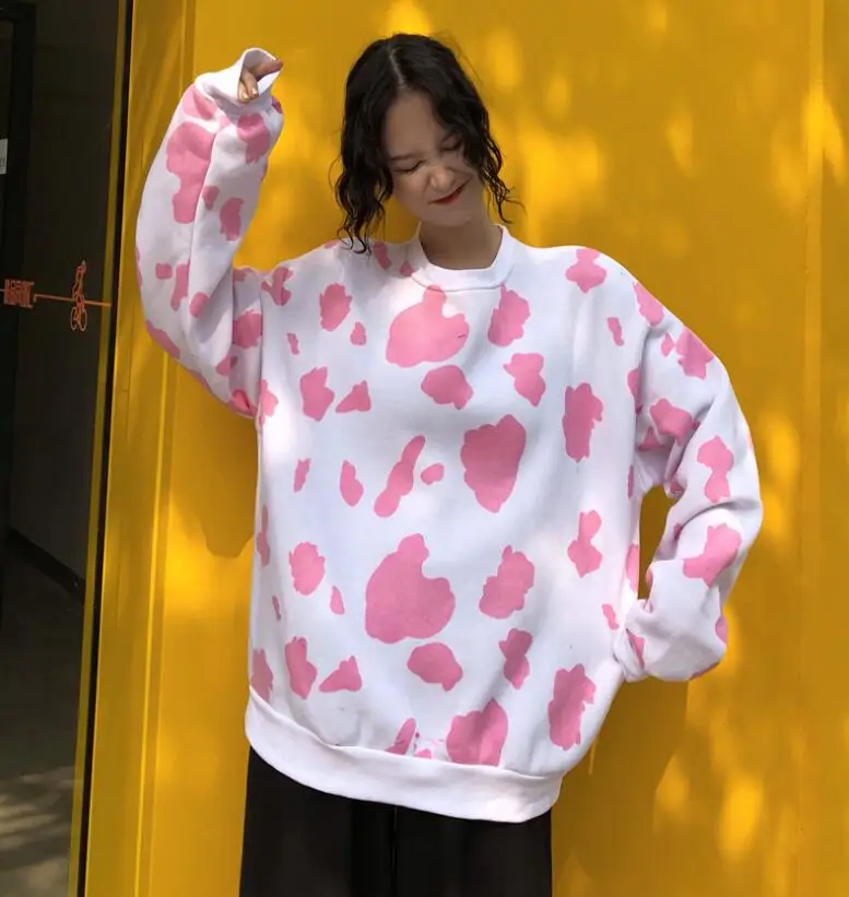 Осенне-зимний милый Свободный пуловер с круглым вырезом и принтом коровы; бархатный свитер