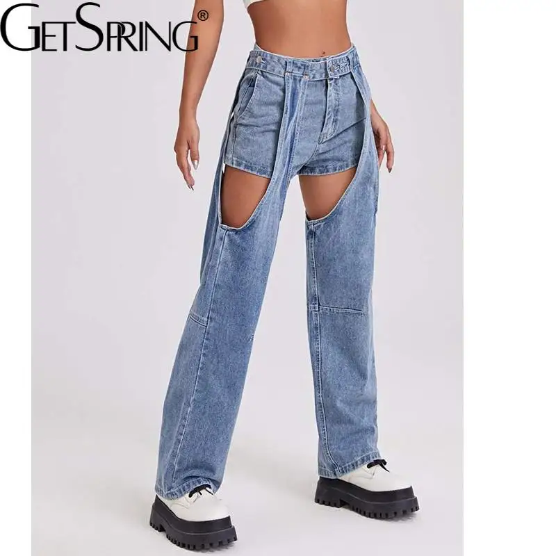 

GetSpring женские джинсы с вырезами с высокой талией Прямые джинсы свободные длинные джинсовые брюки Модные женские джинсовые брюки весна 2022 Но...