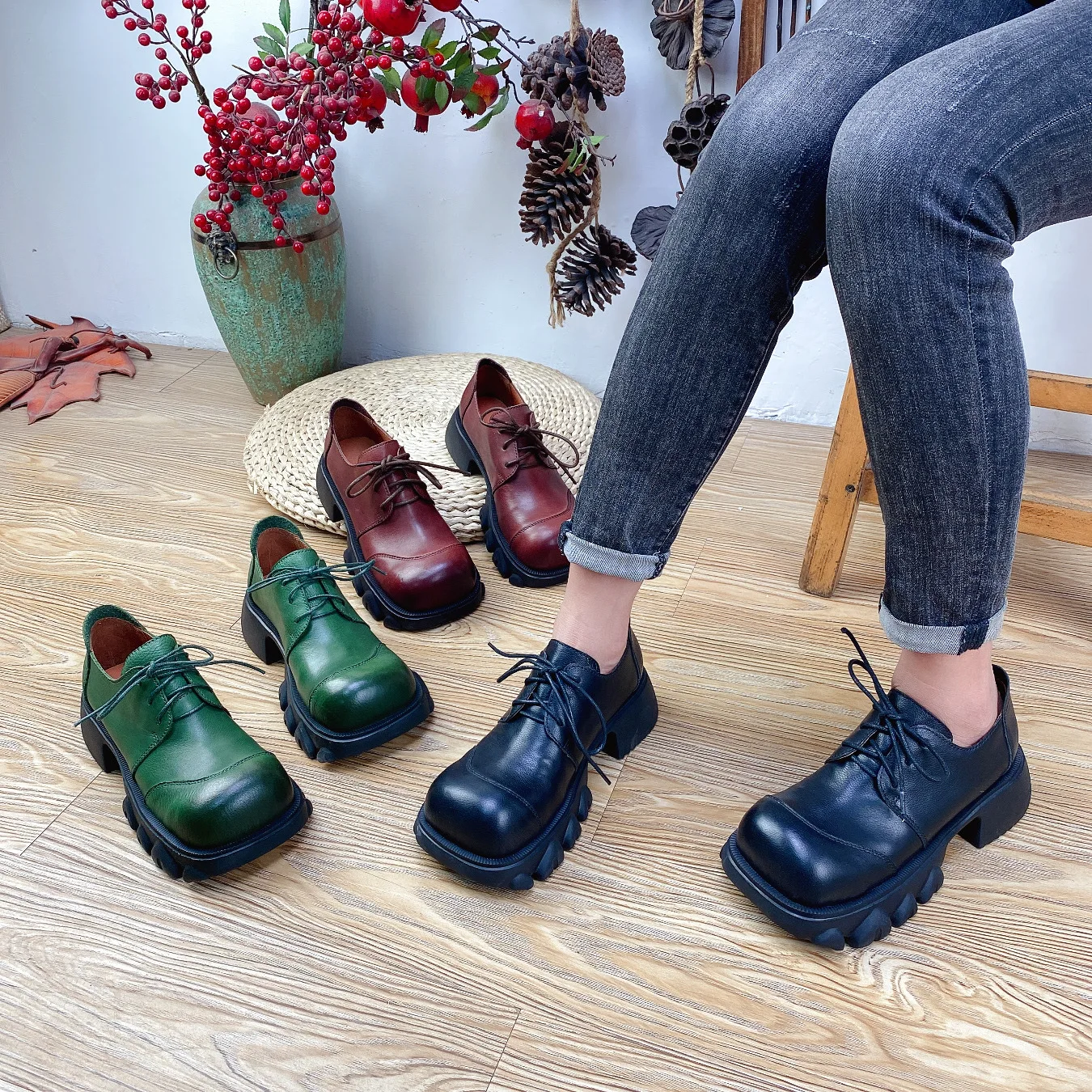 

Birkuir 2021 New Platform Shoes For Women Thick Heel Muffin Punk Shoes Genuine Leather Women Shoes Slope Heel Ladies Shoes