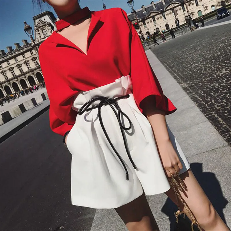 Новинка 2018 женское платье весна лето два предмета костюмы v образный вырез блузка