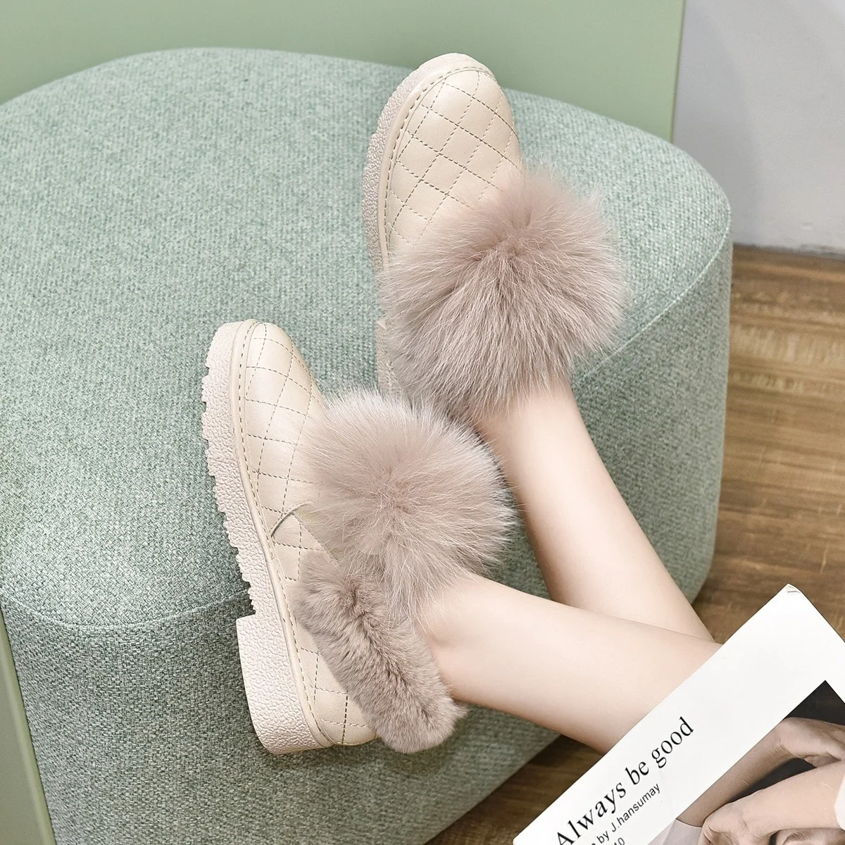 

2021 New Women Boots Genuine Leather Real Fox Fur Winter Shoes Warm Black Round Toe Casual Plus Size Female Snow Boot