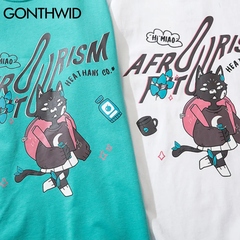 

GONTHWID Tees Shirt Men Casual Streetwear Hip Hop Cartoon Cat Cup Print Tshirts Short Sleeve Cotton Harajuku Loose T-Shirts Tops