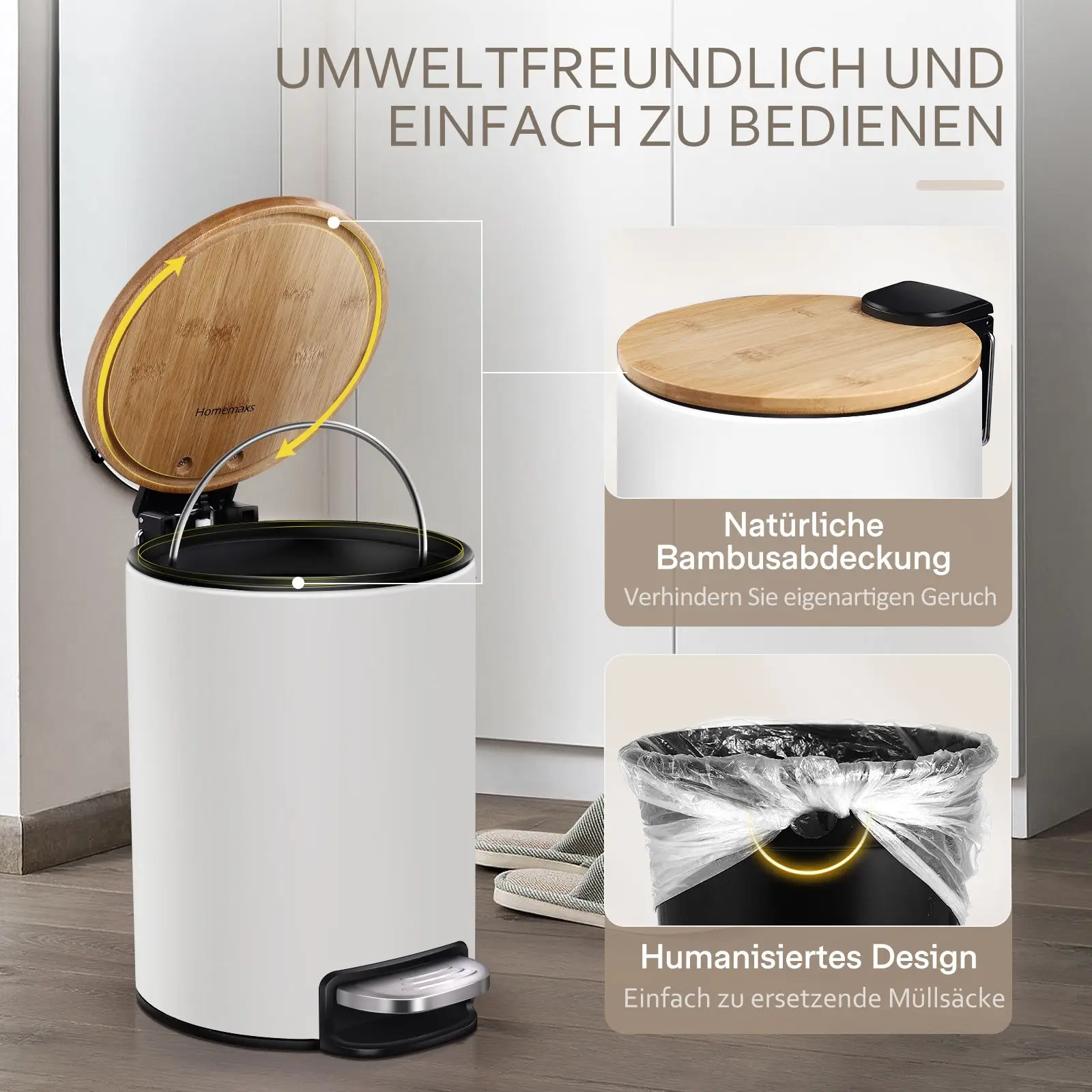 HOMEMAXS 410 Нержавеющая сталь мусорный бак с бамбуковой крышкой 3L шаг-контейнер для
