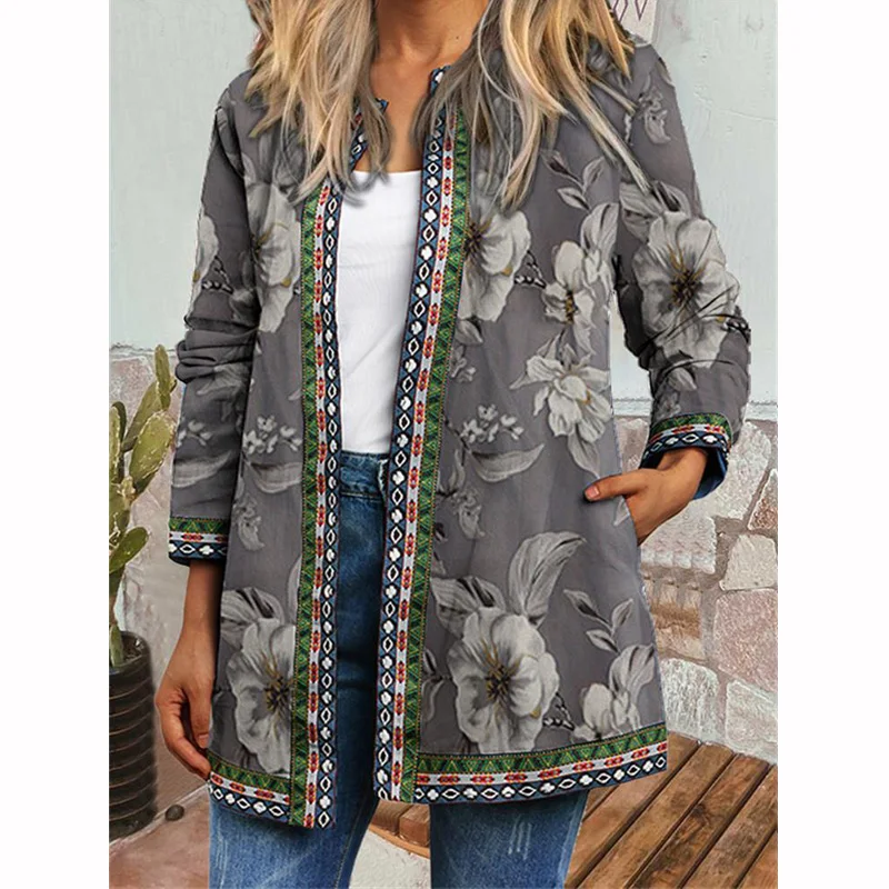 Женский винтажный кардиган оверсайз с цветочным принтом длинным рукавом |