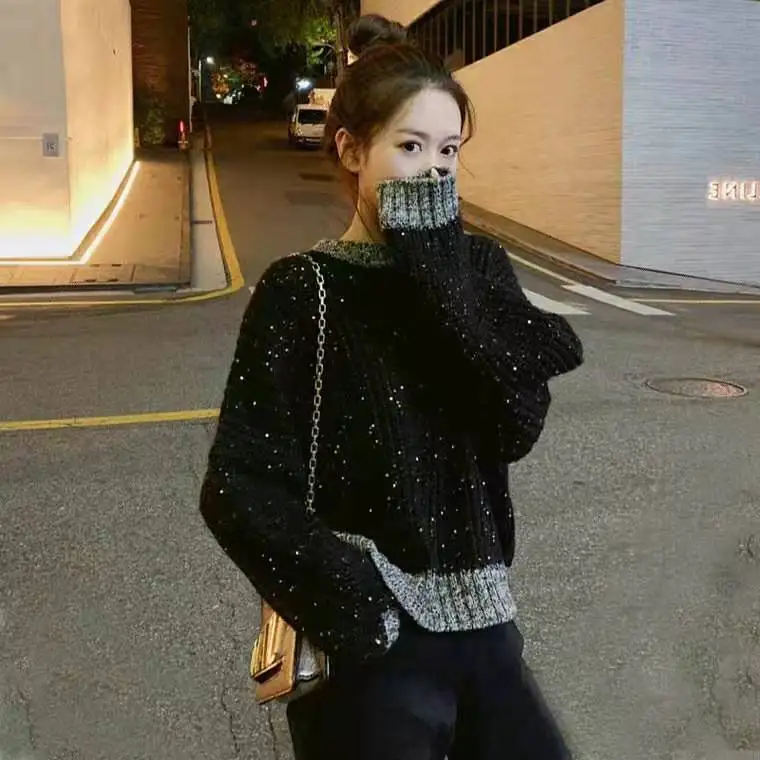 

2021 autumn and winter sweater women's belt bright flash sequins loose outer wear lazy wind Joker sweater top